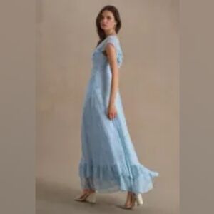 Sachin & Babi Ivy Chiffon Flutter-Sleeve Ruffled V-Neck Gown